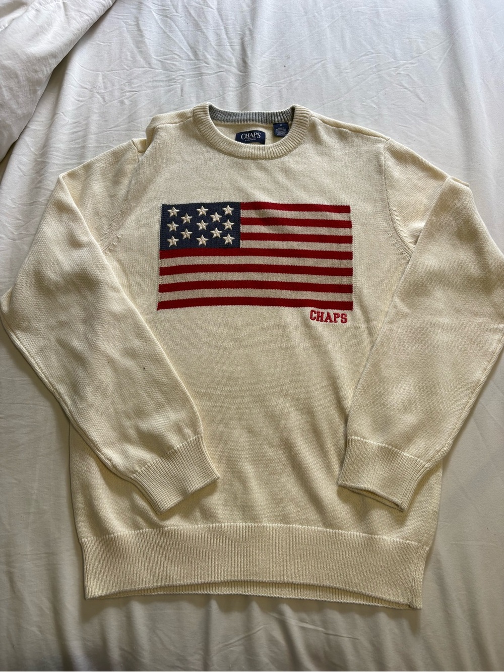 Chaps Cream Crewneck Sweater with Flag Motif